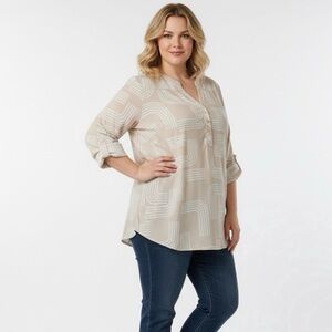 Torrid Women's Harper Blouse 3X Beige Geometric 1/4 Button V-Neck Tab 3/4 Sleeve